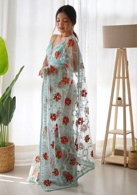 Blue Embroidery Polyster Saree Set