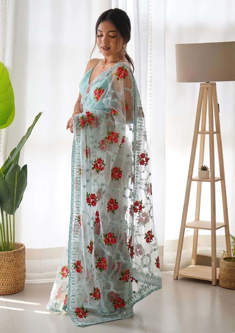 Blue Polyster Saree Set with Embroidery for Diwali | Wedding & Festive Wear - Indya