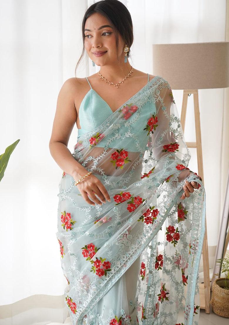 Blue Embroidery Polyster Saree Set - Indya