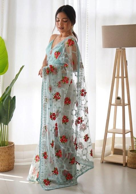 Blue Embroidery Polyster Saree Set