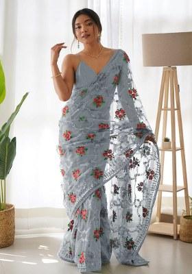 Grey Embroidery Polyster Saree Set