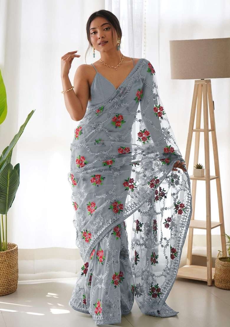 Grey Polyster Saree Set with Embroidery for Diwali | Wedding & Festive Wear - Indya