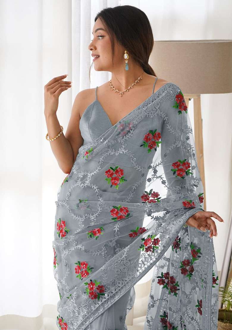 Grey Polyster Saree Set with Embroidery for Diwali | Wedding & Festive Wear - Indya