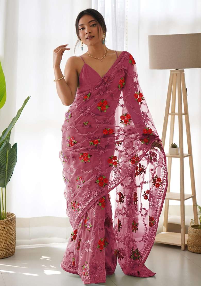 Pink Polyster Saree Set with Embroidery for Diwali | Wedding & Festive Wear - Indya
