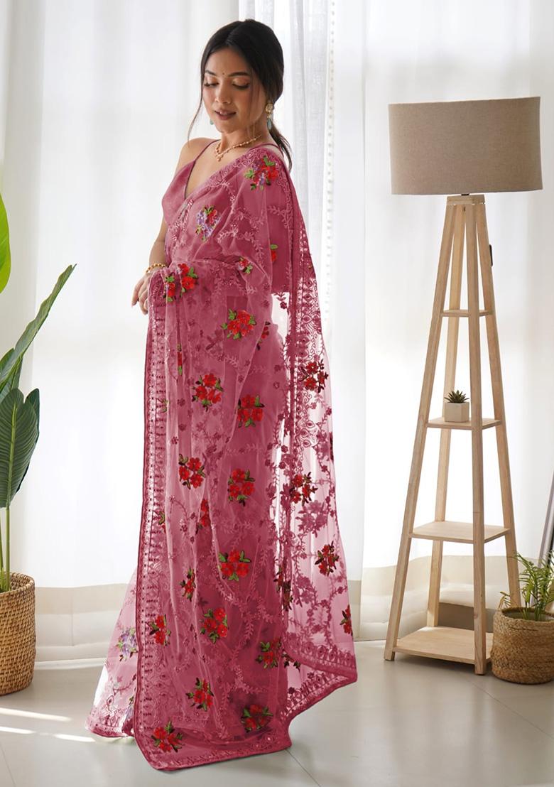 Pink Embroidery Polyster Saree Set - Indya