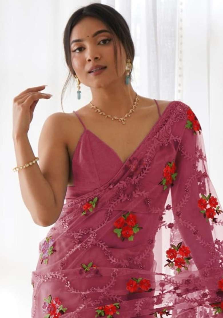 Pink Polyster Saree Set with Embroidery for Diwali | Wedding & Festive Wear - Indya