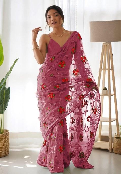 Pink Embroidery Polyster Saree Set