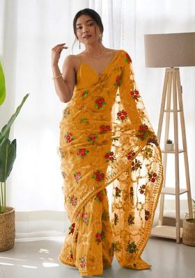 Yellow Embroidery Polyster Saree Set