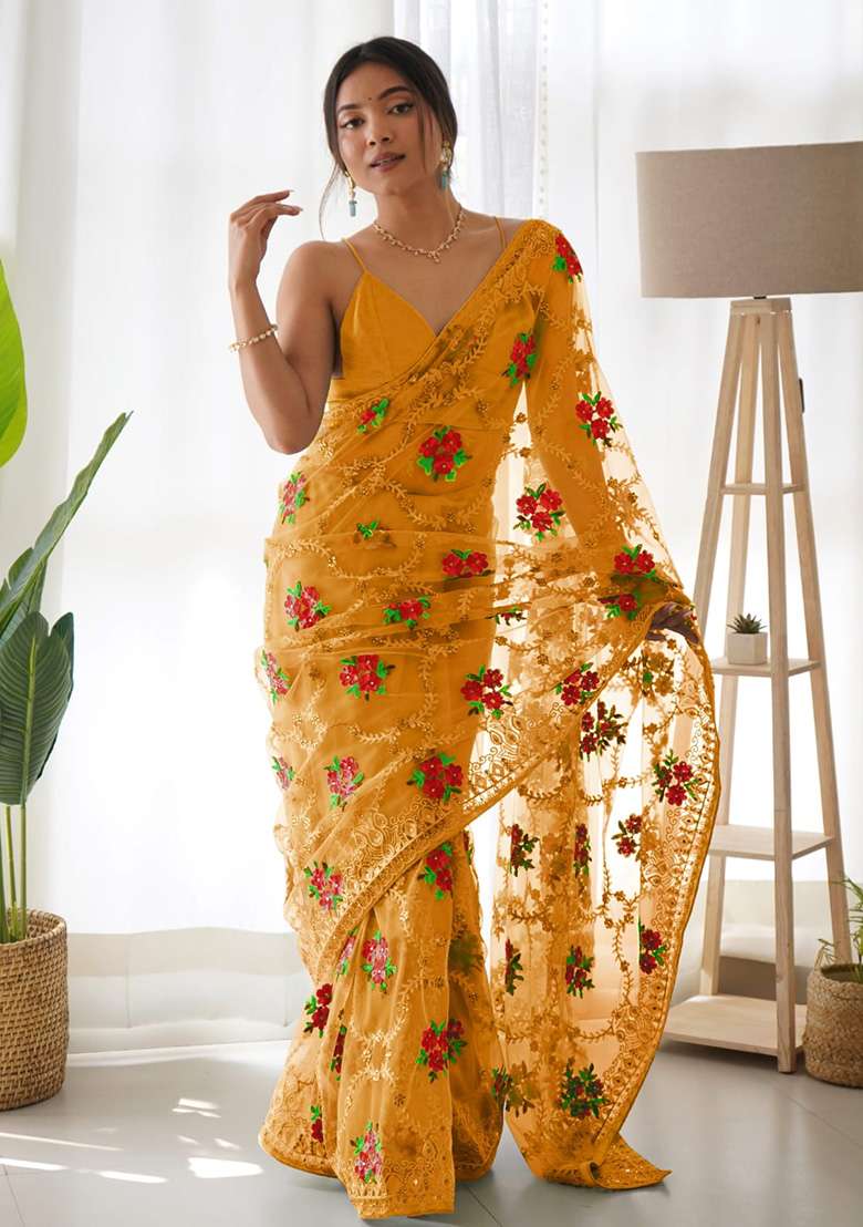 Yellow Embroidery Polyster Saree Set for Diwali and Festive Wear - Indya