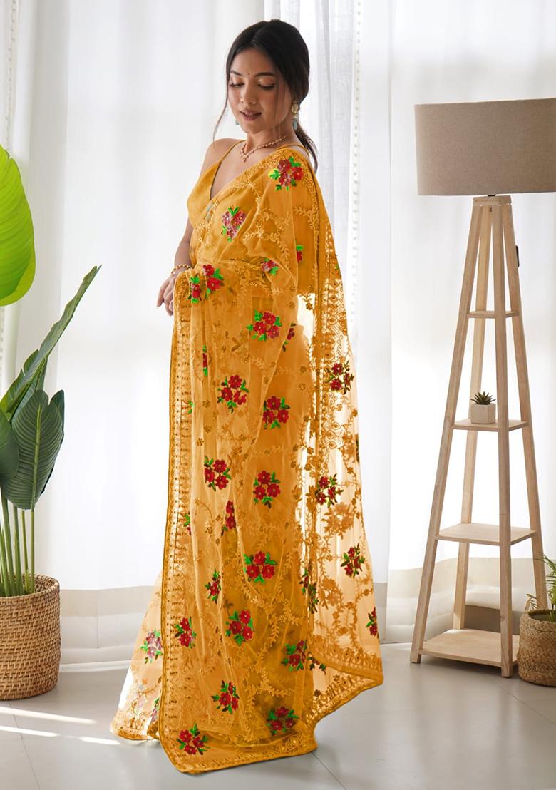 Yellow Embroidery Polyster Saree Set - Indya