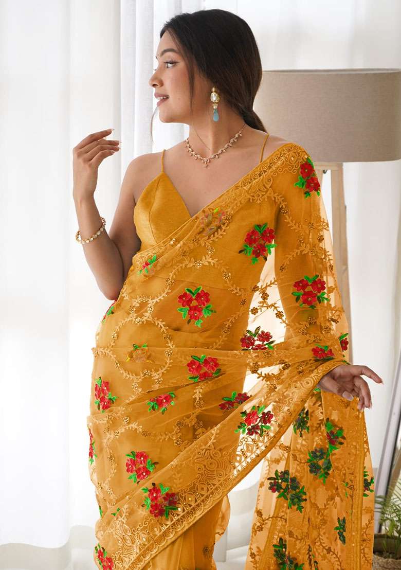 Yellow Embroidery Polyster Saree Set for Diwali and Festive Wear - Indya