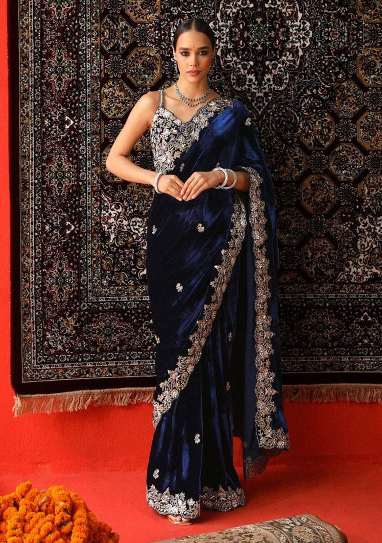 Blue Embroidery Viscose Saree Set - Indya