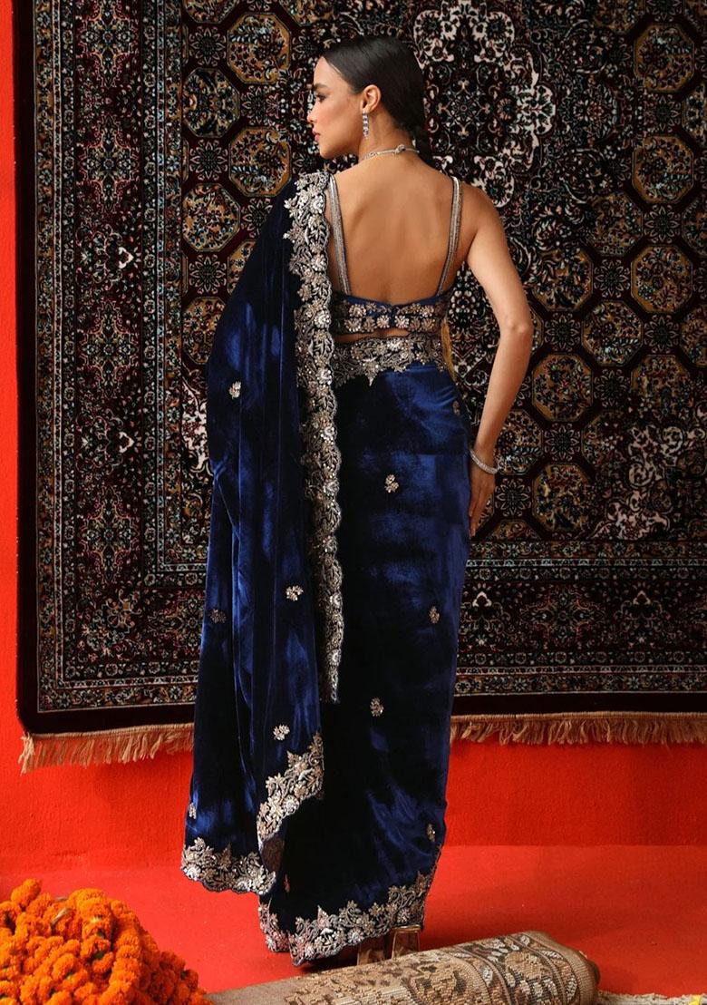 Blue Embroidery Viscose Saree Set - Indya