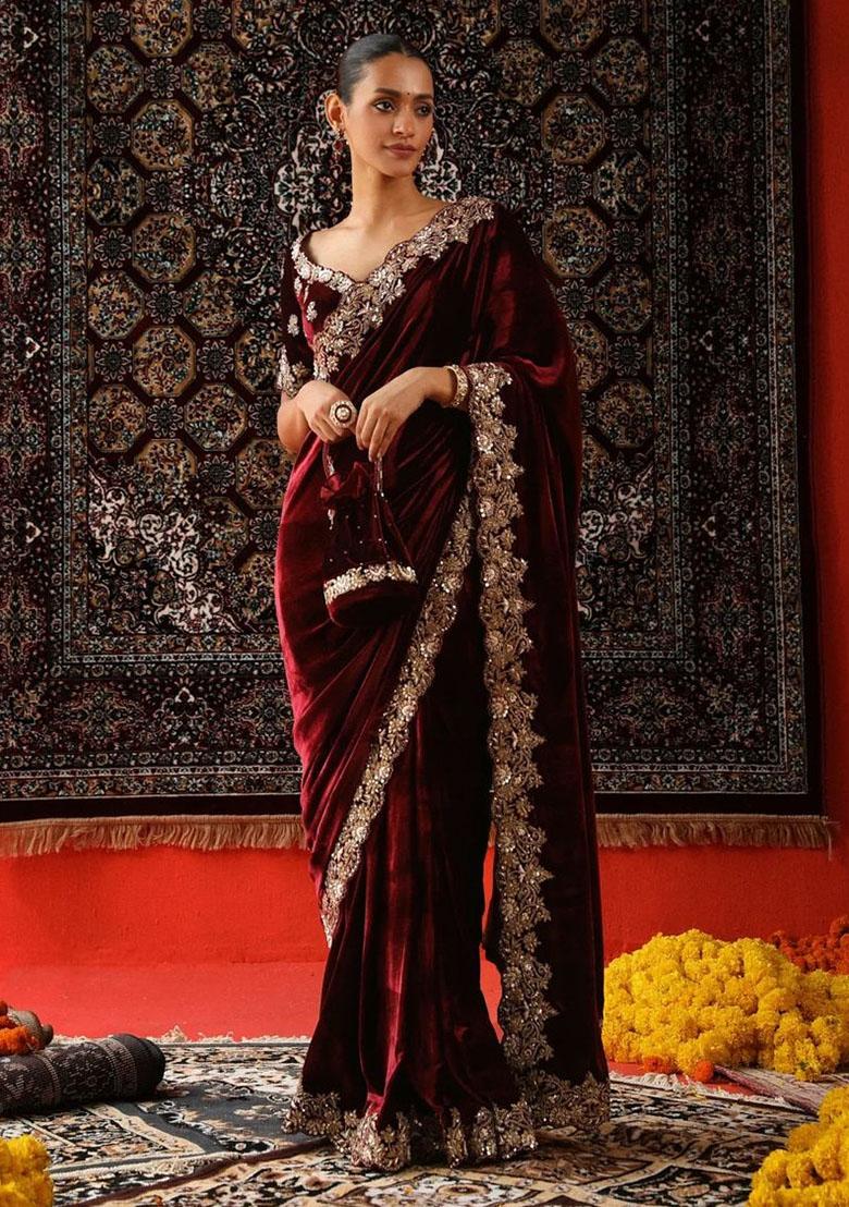 Maroon Embroidery Viscose Saree Set - Indya
