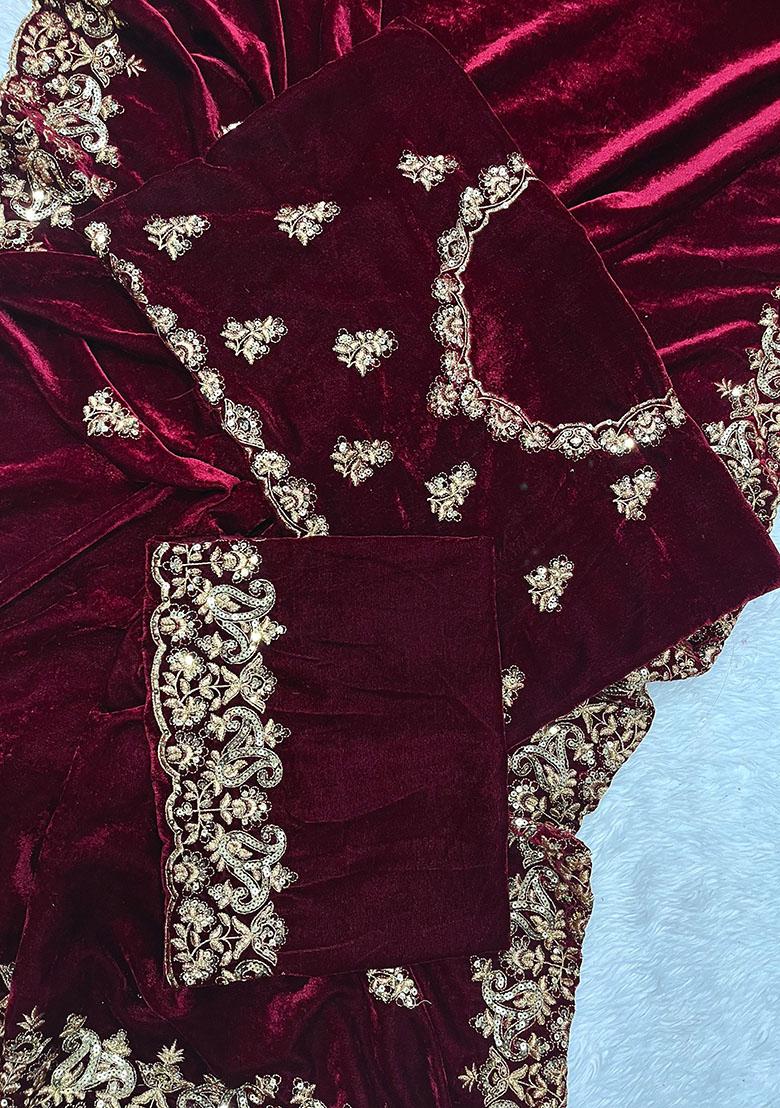 Maroon Embroidery Viscose Saree Set - Indya