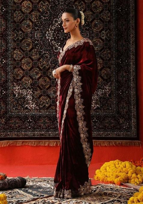 Maroon Embroidery Viscose Saree Set