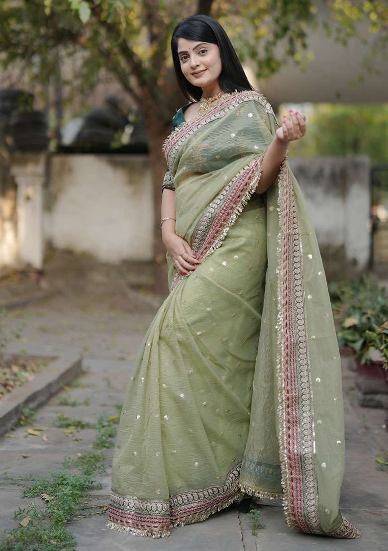 Green Embroidery Polyster Saree Set for Diwali and Festive Wear - Indya