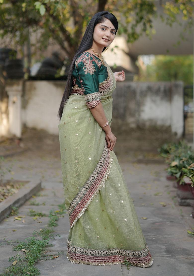 Green Embroidery Polyster Saree Set - Indya