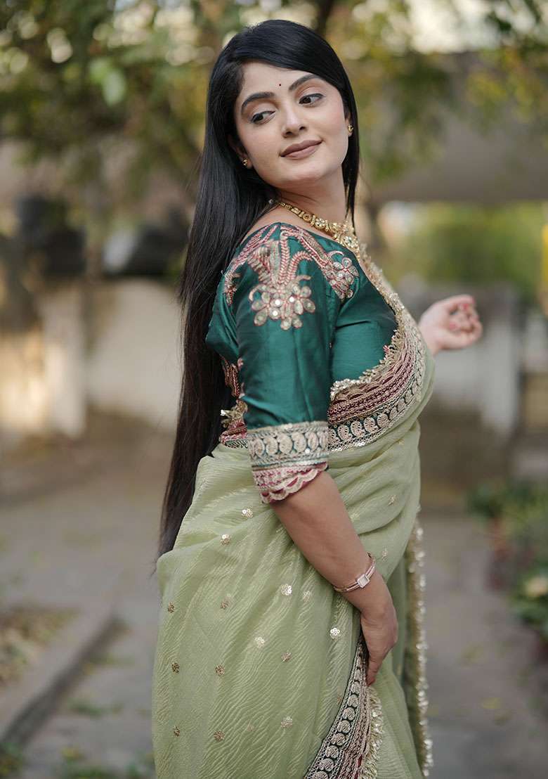 Green Embroidery Polyster Saree Set for Diwali and Festive Wear - Indya
