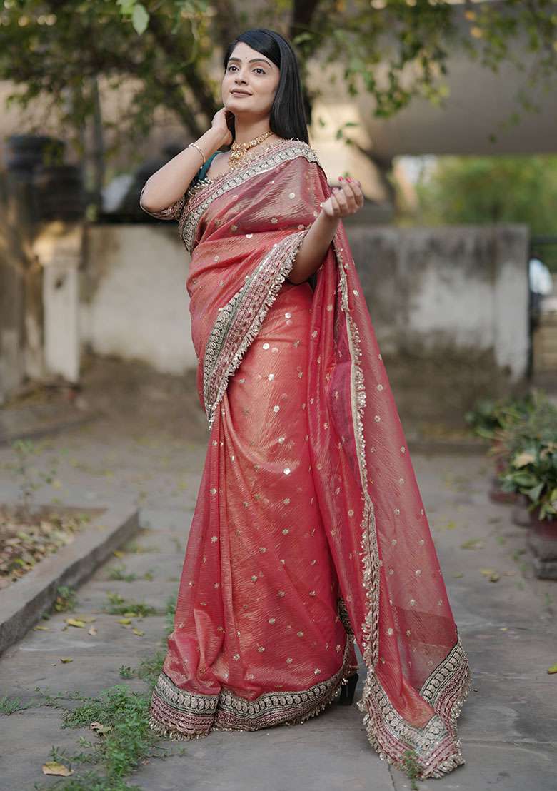 Red Polyster Saree Set with Embroidery for Diwali | Wedding & Festive Wear - Indya