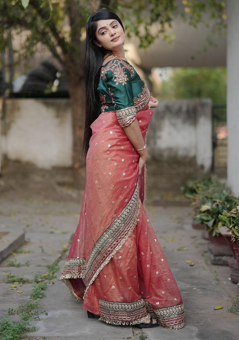 Red Embroidery Polyster Saree Set - Indya