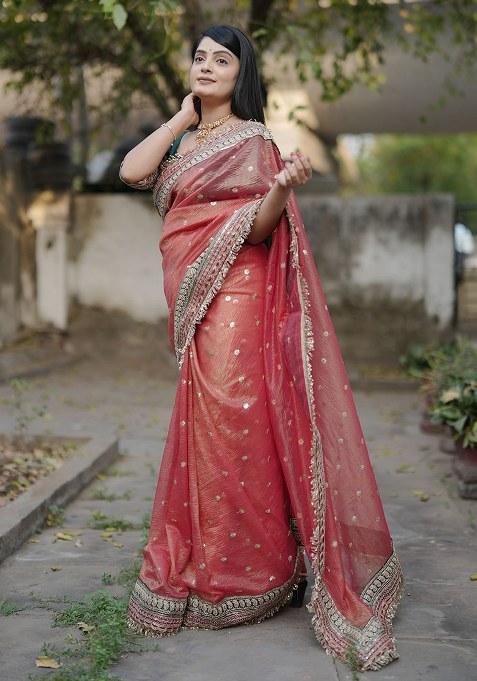 Red Embroidery Polyster Saree Set