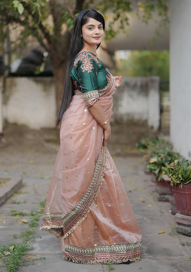 Pink Embroidery Polyster Saree Set - Indya
