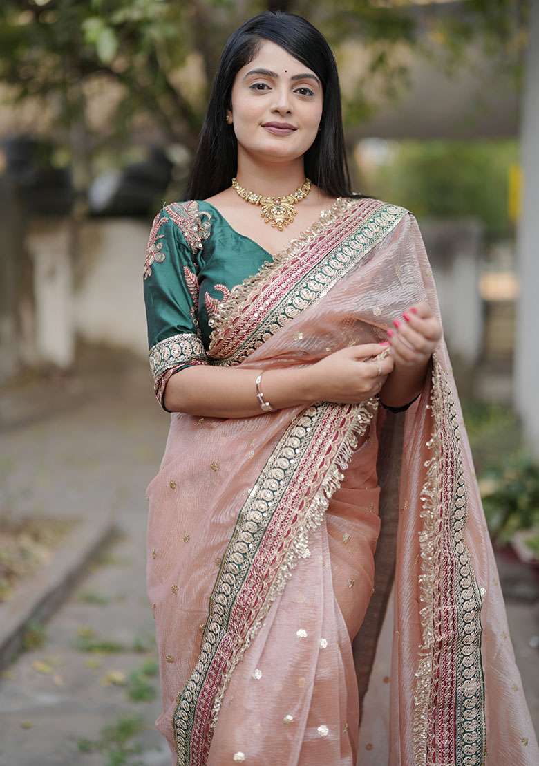 Pink Polyster Saree Set with Embroidery for Diwali | Wedding & Festive Wear - Indya