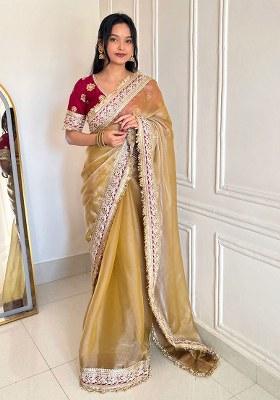 Gold Embroidery Polyster Saree Set