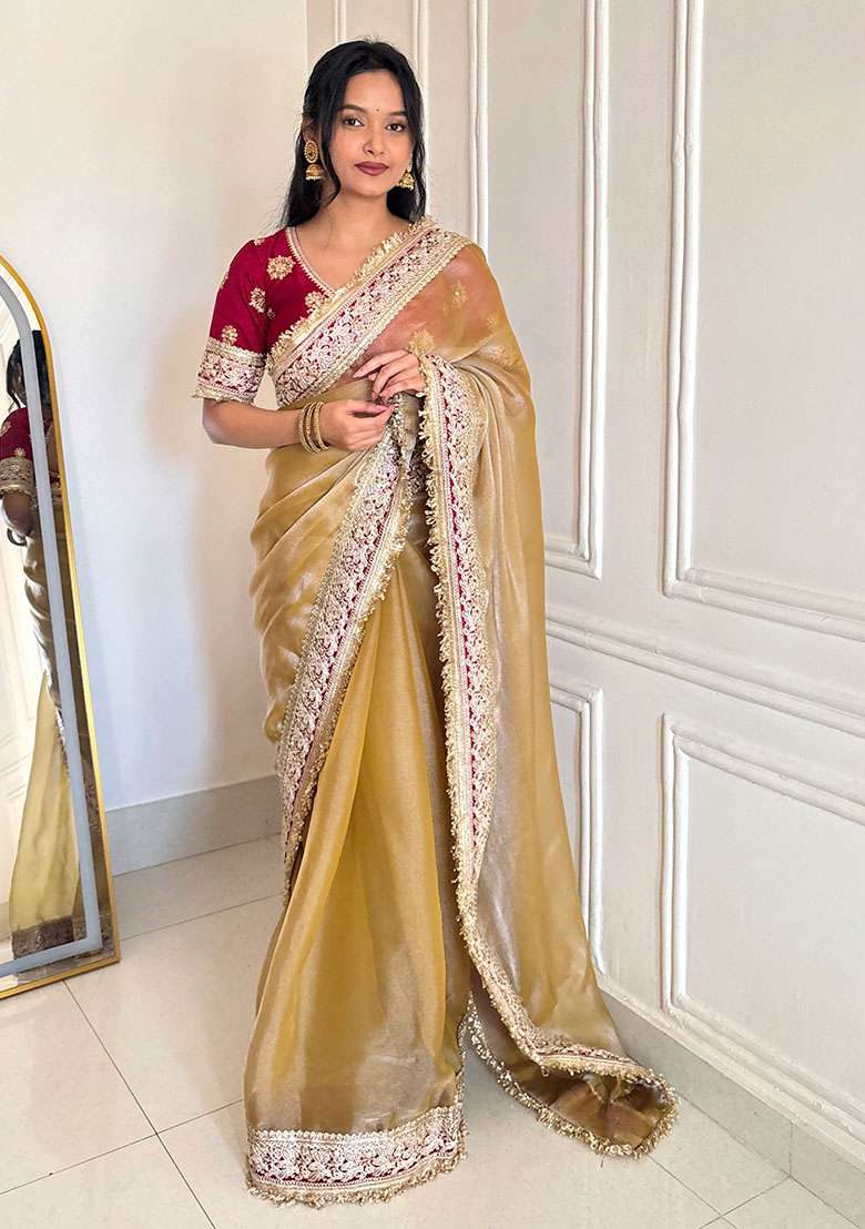 Gold Polyster Saree Set with Embroidery for Diwali | Wedding & Festive Wear - Indya