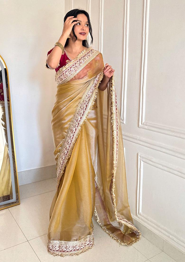Gold Embroidery Polyster Saree Set - Indya