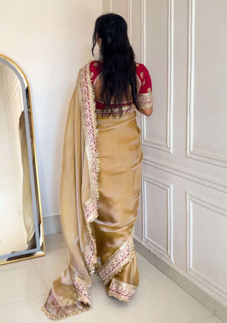 Gold Polyster Saree Set with Embroidery for Diwali | Wedding & Festive Wear - Indya