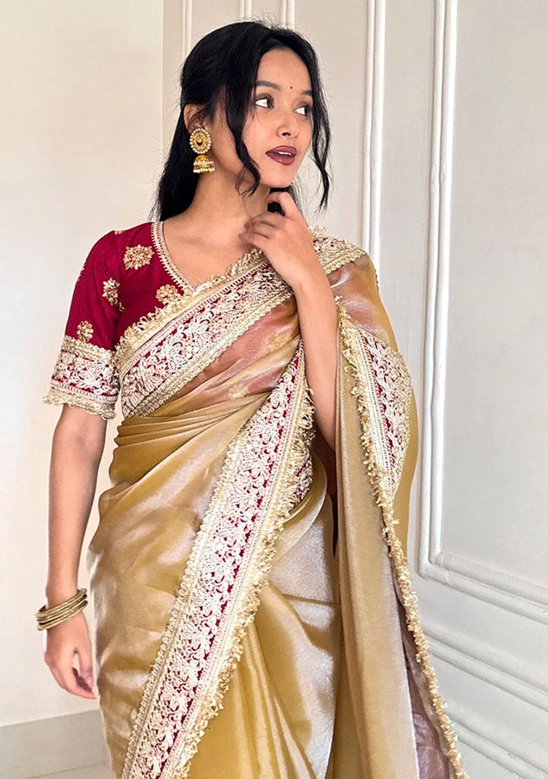 Gold Embroidery Polyster Saree Set - Indya