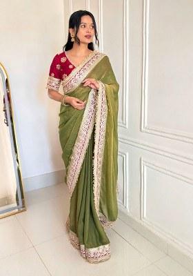 Green Embroidery Polyster Saree Set