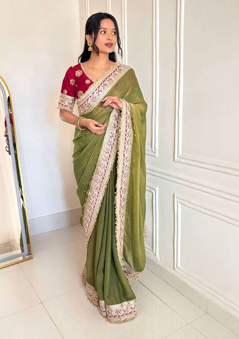 Green Embroidery Polyster Saree Set for Diwali and Festive Wear - Indya