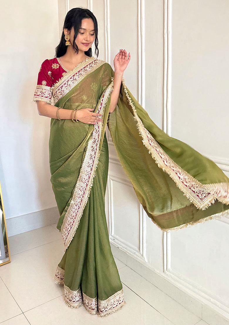Green Embroidery Polyster Saree Set - Indya