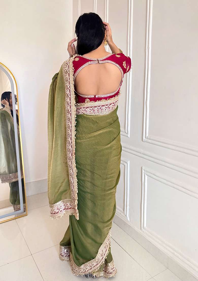 Green Embroidery Polyster Saree Set for Diwali and Festive Wear - Indya