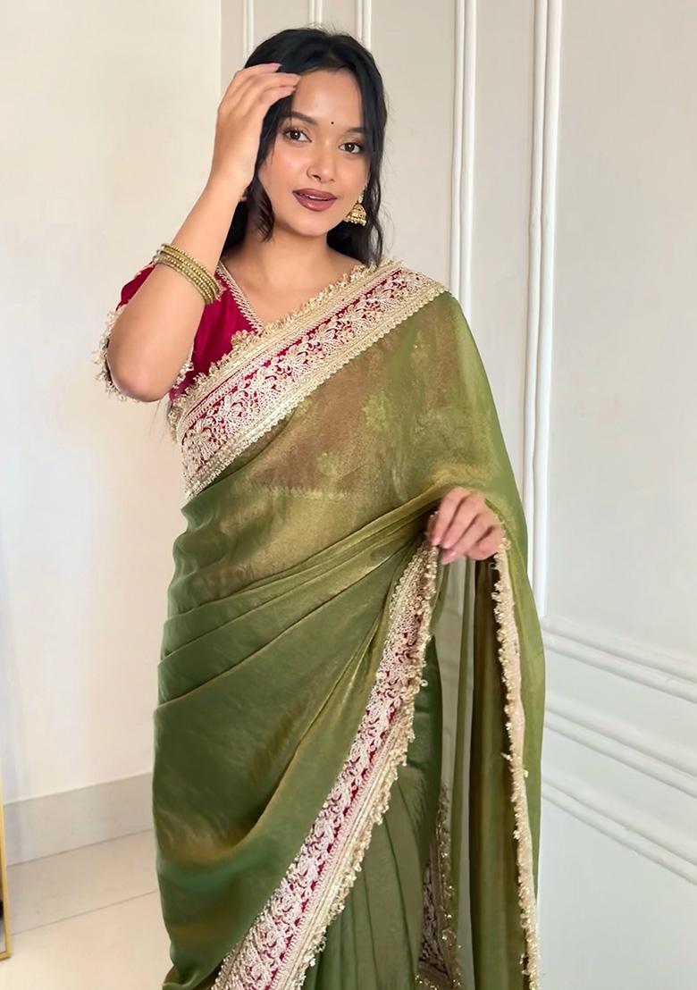 Green Embroidery Polyster Saree Set - Indya