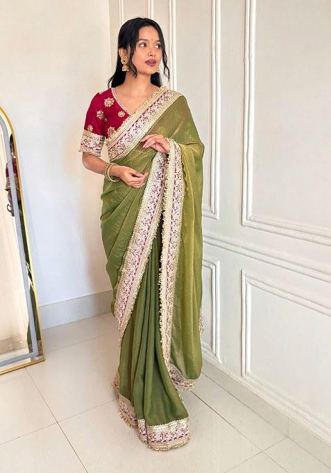 Green Embroidery Polyster Saree Set
