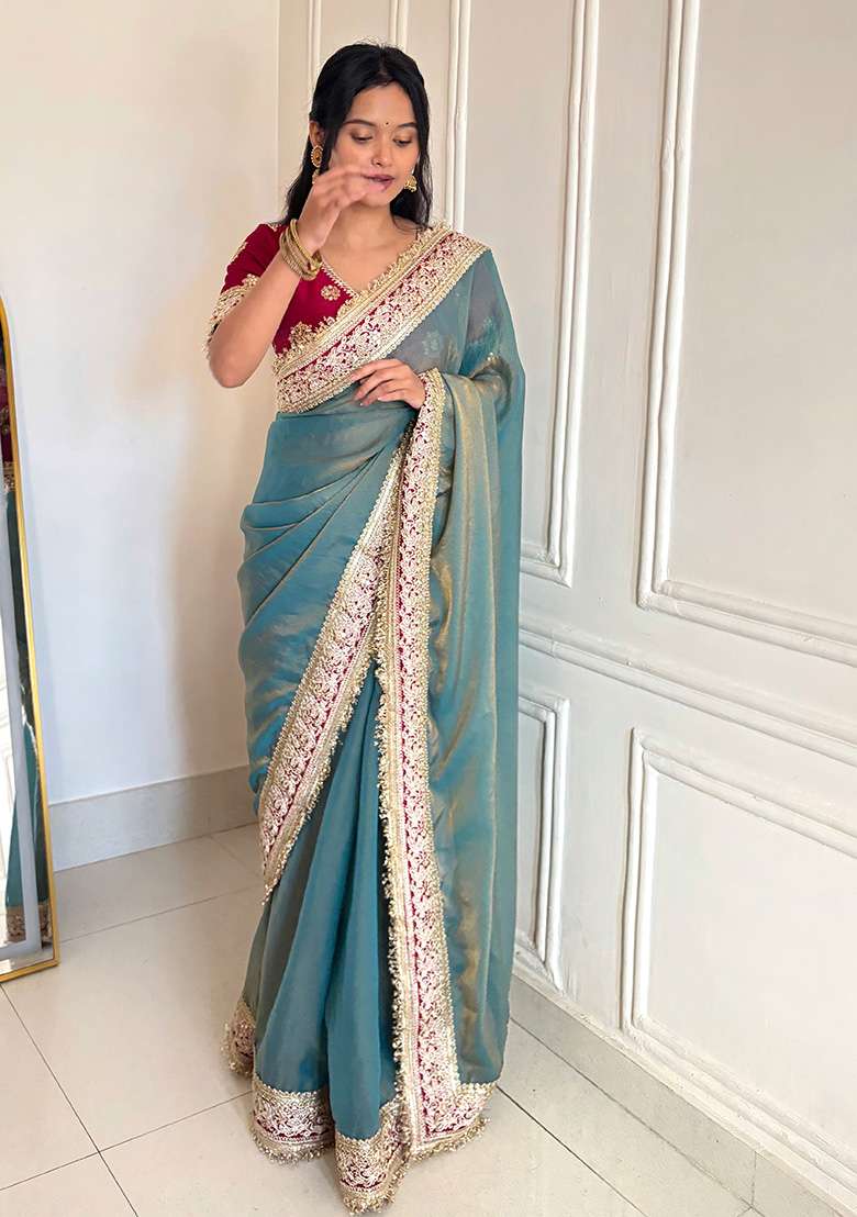 Blue Polyster Saree Set with Embroidery for Diwali | Wedding & Festive Wear - Indya