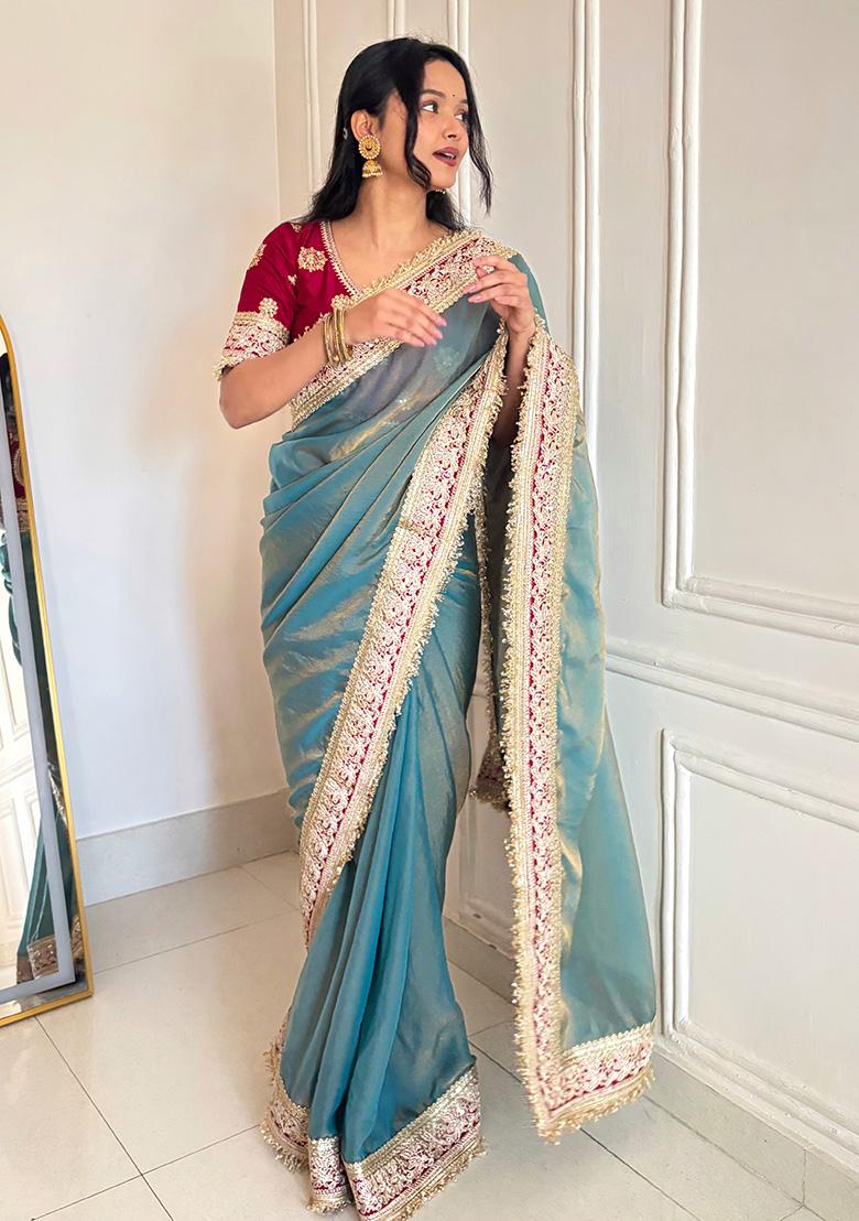 Blue Embroidery Polyster Saree Set - Indya