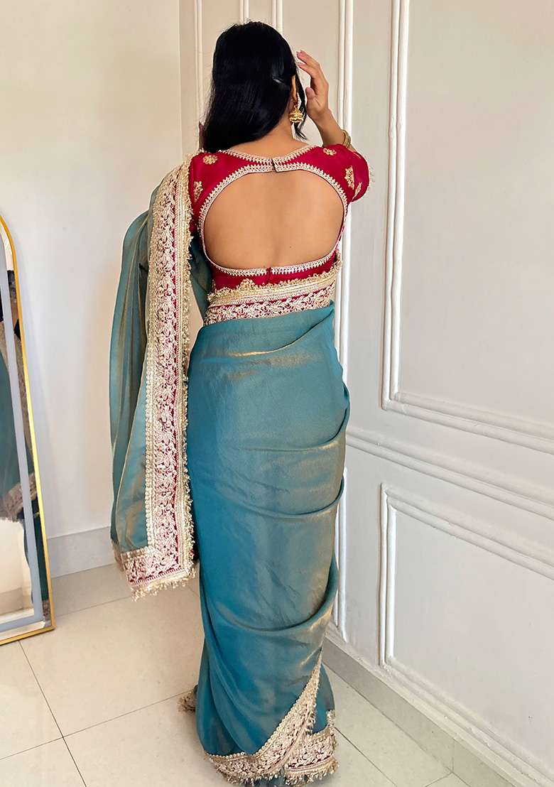 Blue Polyster Saree Set with Embroidery for Diwali | Wedding & Festive Wear - Indya