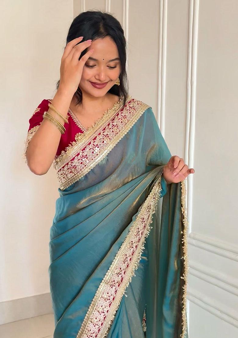 Blue Embroidery Polyster Saree Set - Indya