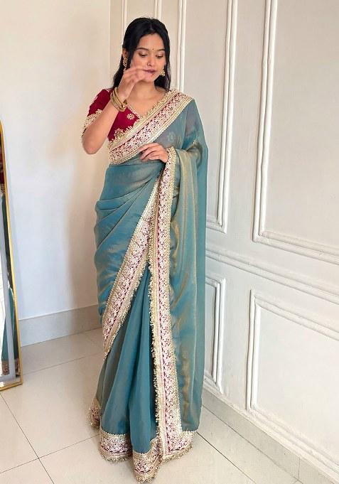 Blue Embroidery Polyster Saree Set