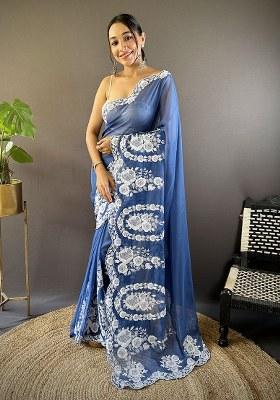 Blue Embroidery Polyster Saree Set