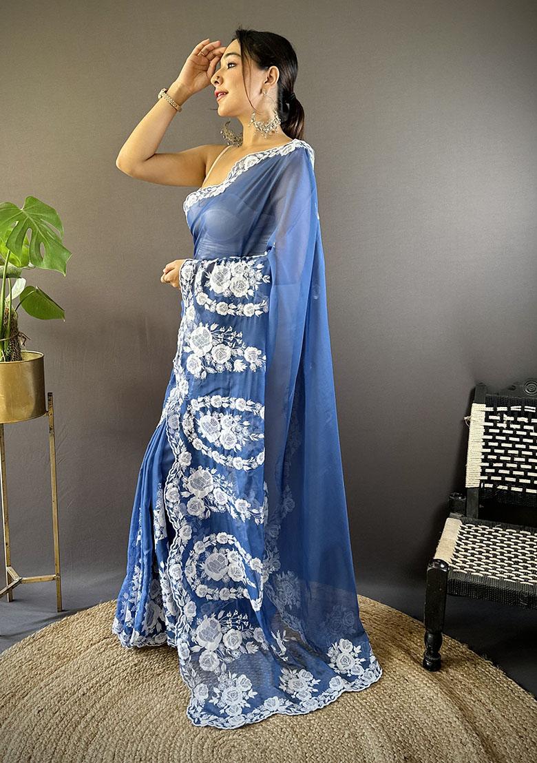 Blue Embroidery Polyster Saree Set - Indya