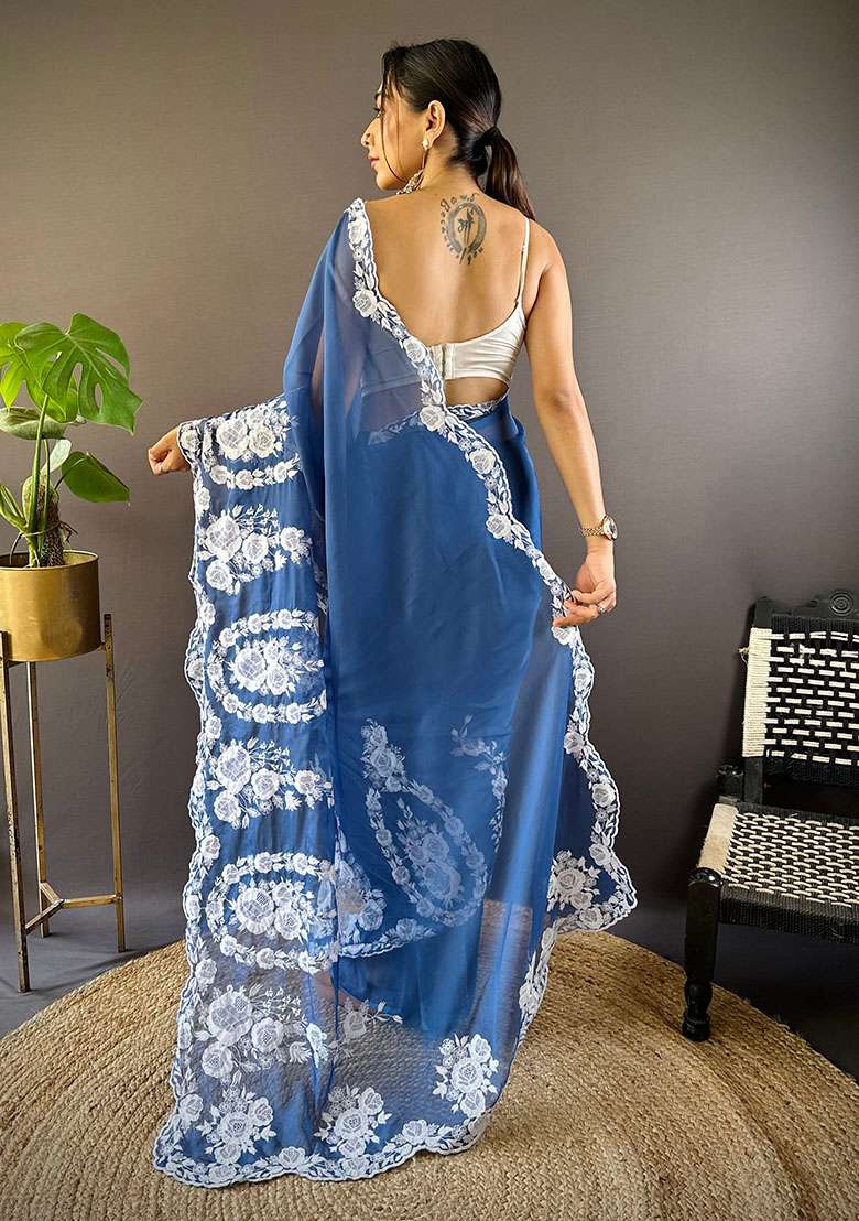 Blue Embroidery Polyster Saree Set for Diwali and Festive Wear - Indya