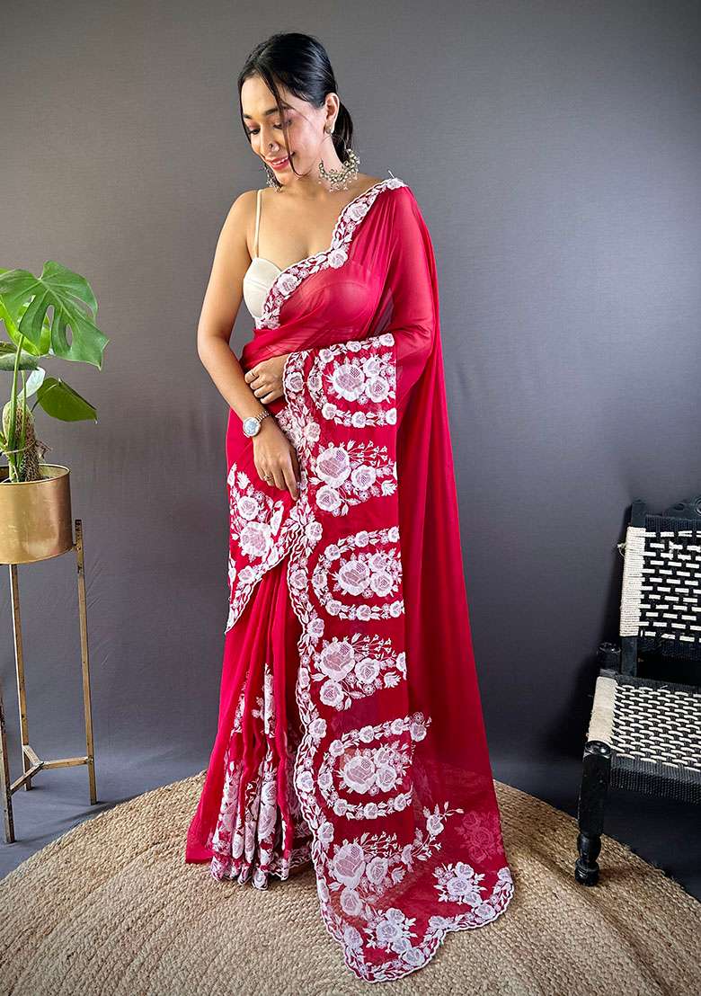 Red Embroidery Polyster Saree Set for Diwali and Festive Wear - Indya