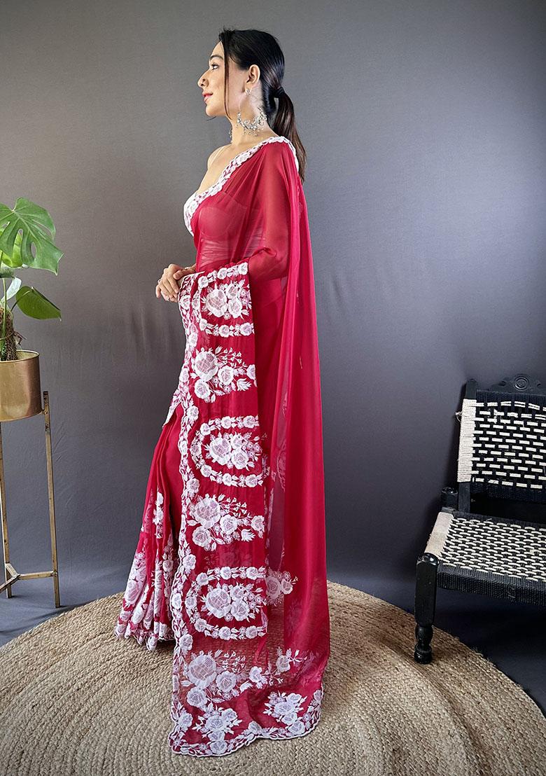 Red Embroidery Polyster Saree Set - Indya