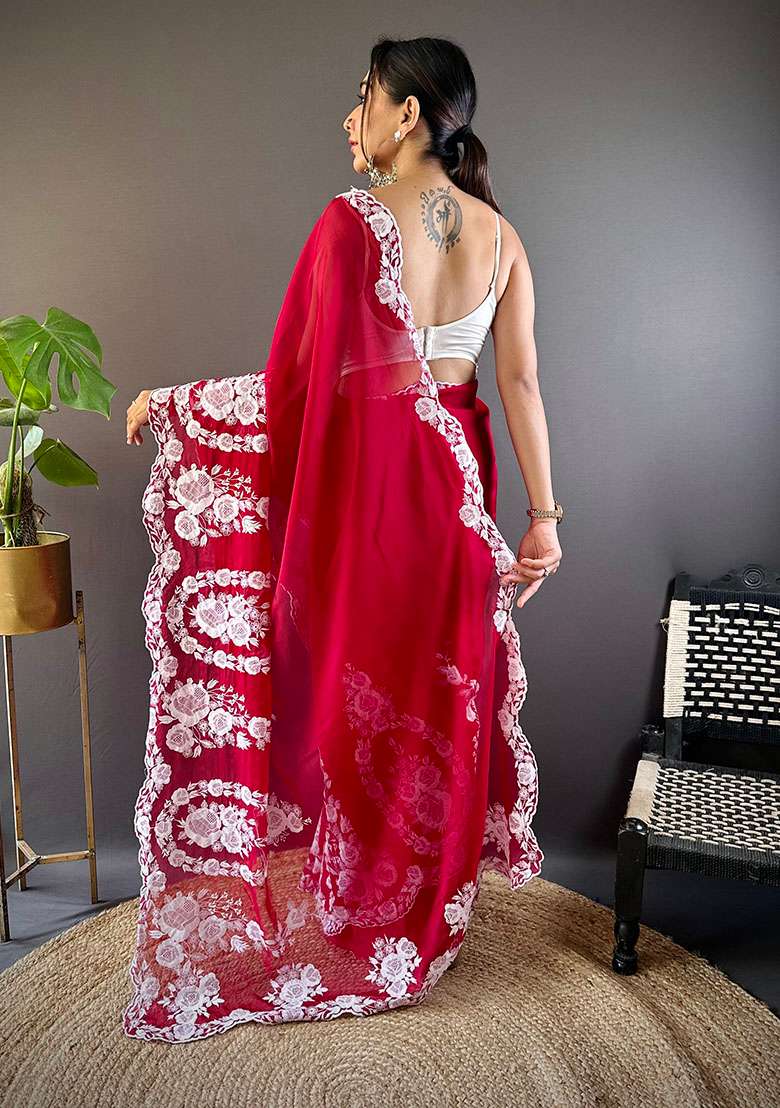 Red Embroidery Polyster Saree Set for Diwali and Festive Wear - Indya